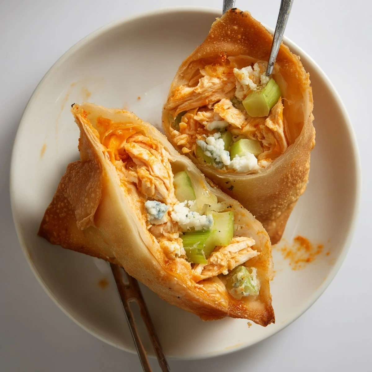 Warm Buffalo Chicken Egg Rolls resting on paper towels, steamy cuts reveal melted cheese