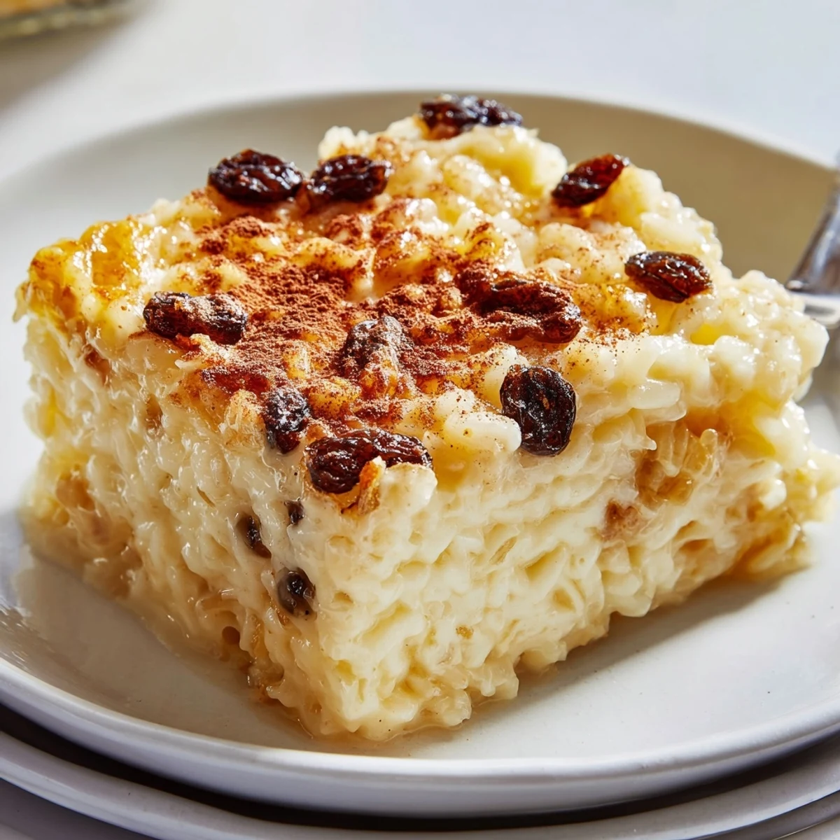 Spoonful revealing silky texture of Delicious Condensed Milk Baked Rice Pudding Recipe To Try
