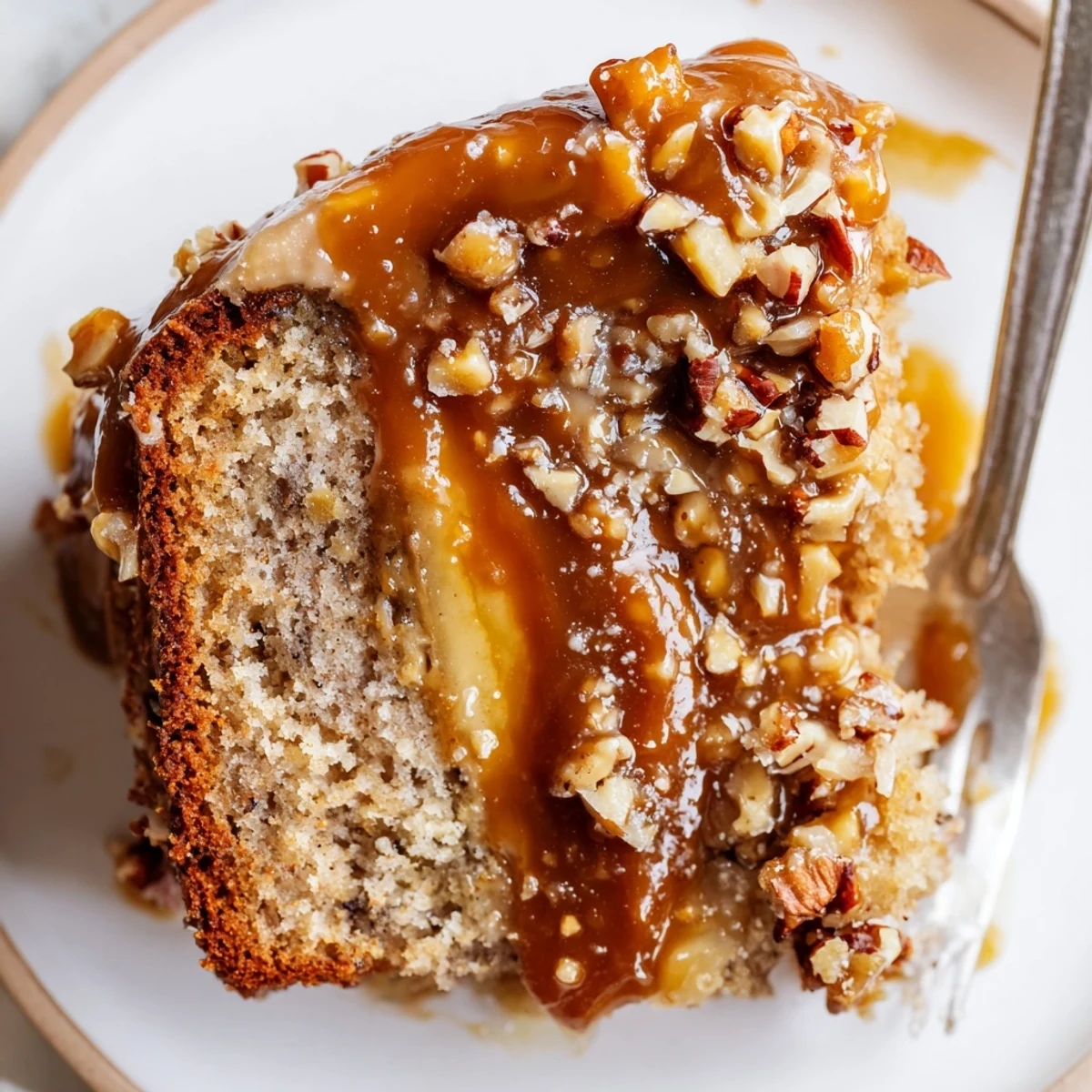 Slice of Salted Caramel Brown Butter Banana Cake with glossy caramel drizzle