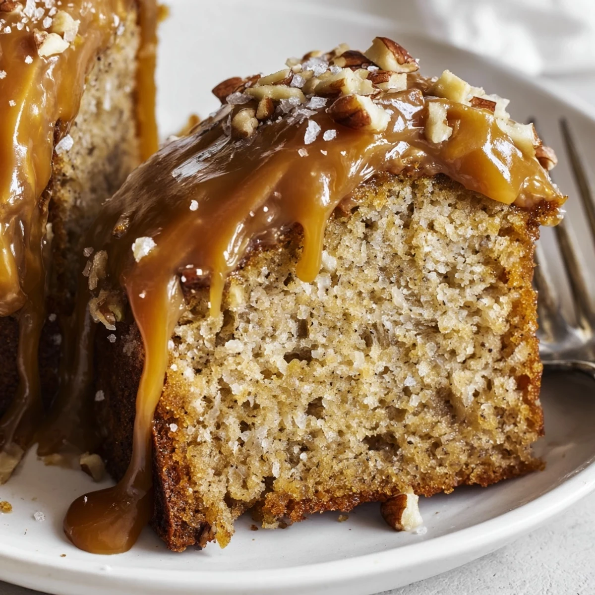 Moist Salted Caramel Brown Butter Banana Cake topped with flaky sea salt