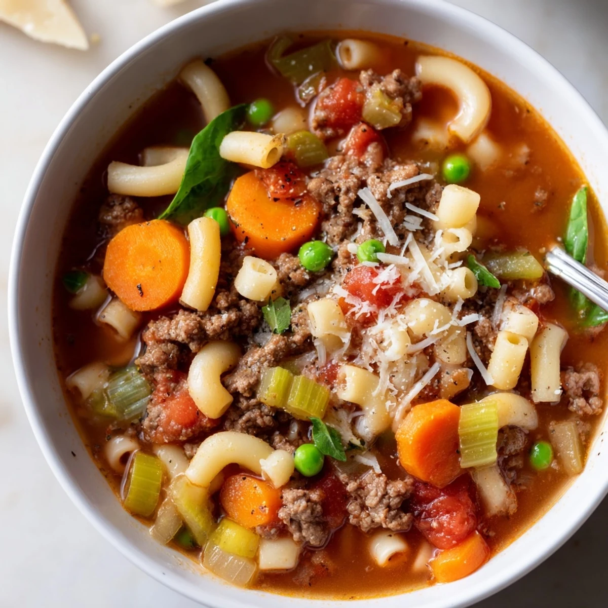 Bowl of Delicious Homemade Ground Beef Pasta Soup steaming, topped with Parmesan.