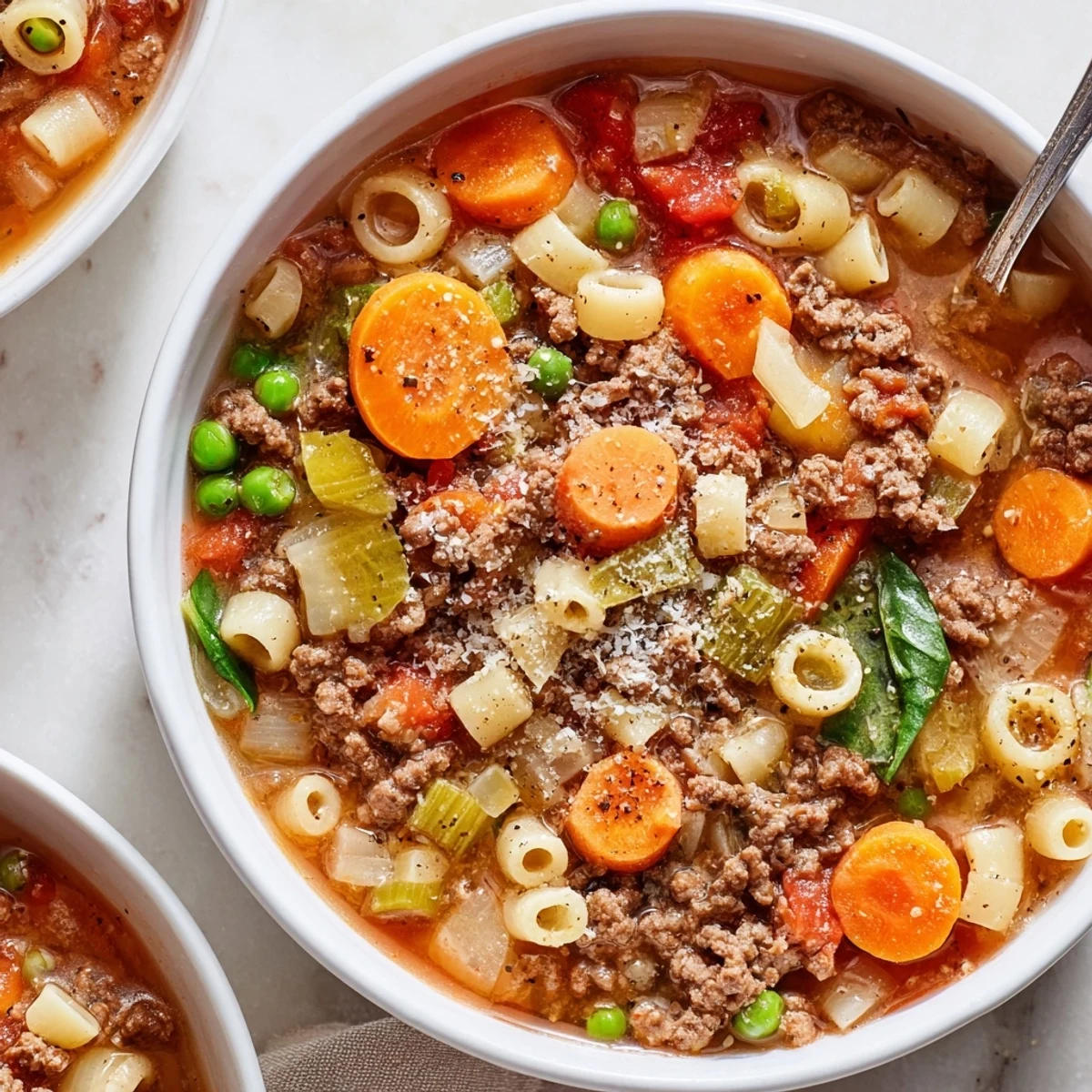 Spoon lifting shells from Delicious Homemade Ground Beef Pasta Soup, rich tomato smell.