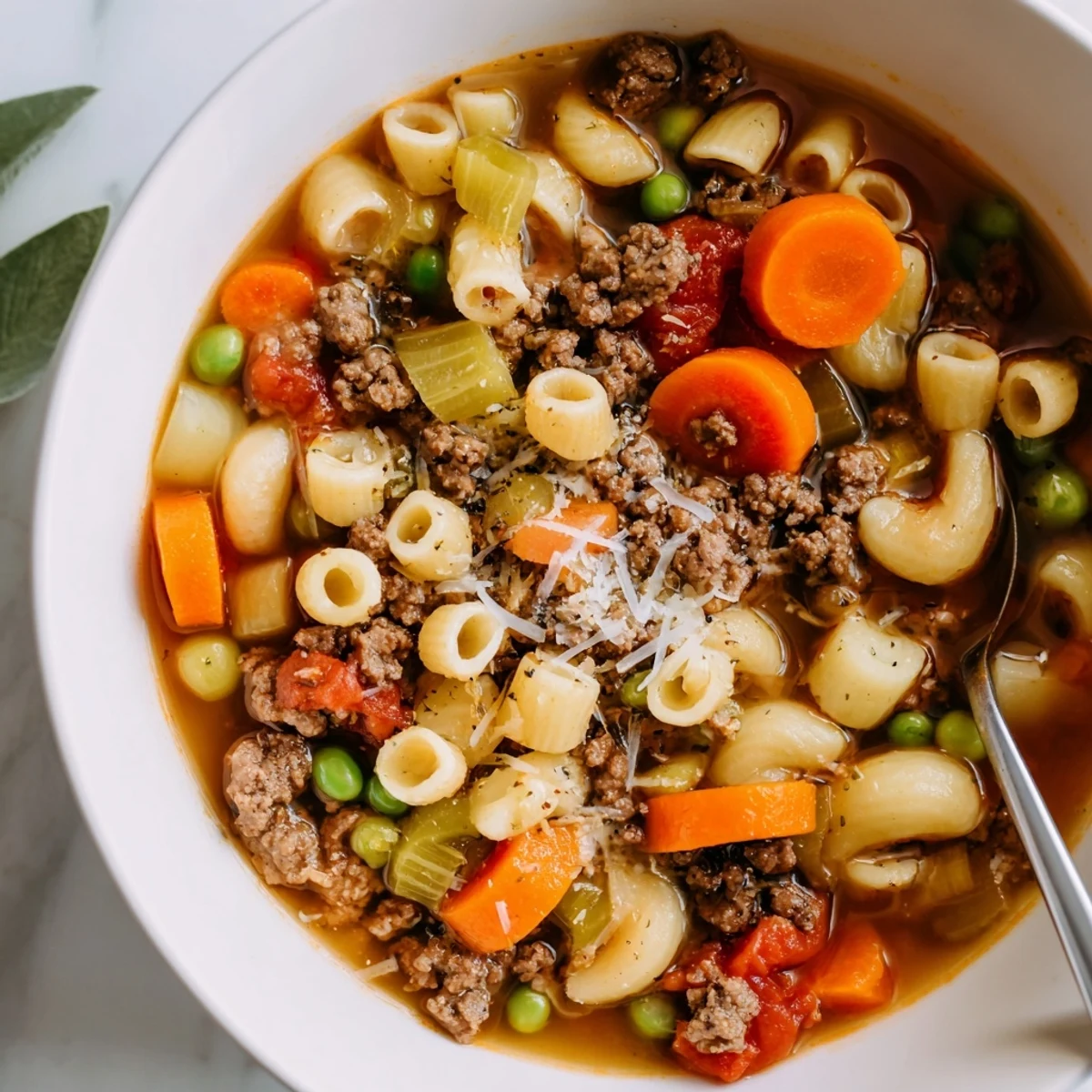 Creamy broth and tender beef in Delicious Homemade Ground Beef Pasta Soup.