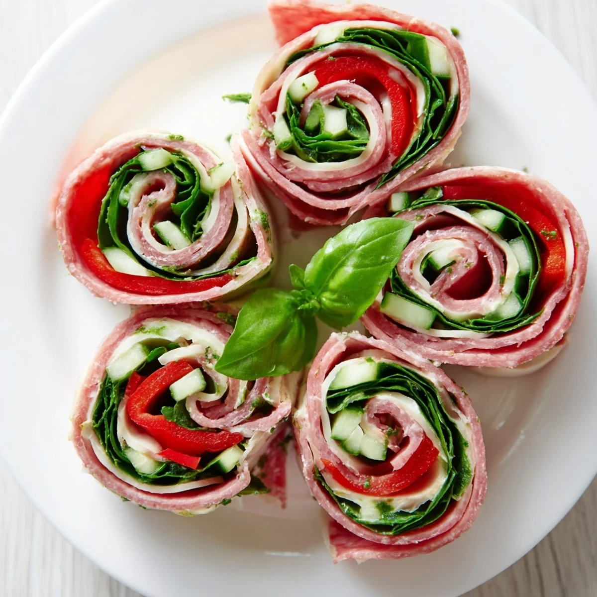 Italian Pinwheel Sandwiches arranged on platter, creamy pesto, crisp bell pepper bites