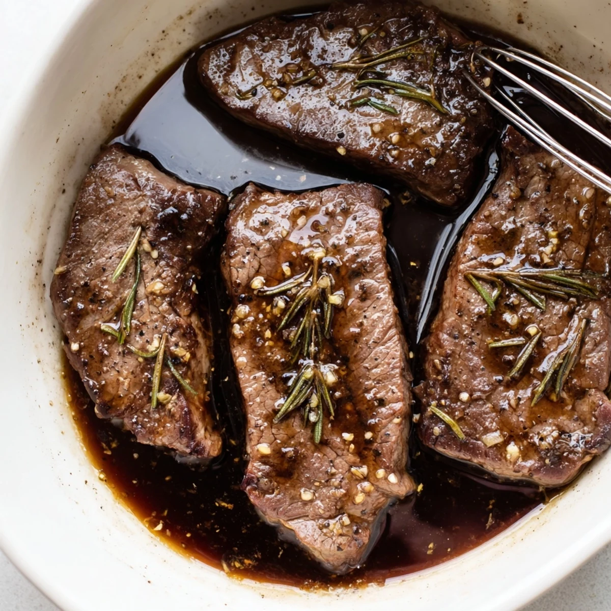 Steak Marinade glistening on raw ribeye, garlic and rosemary aroma promising