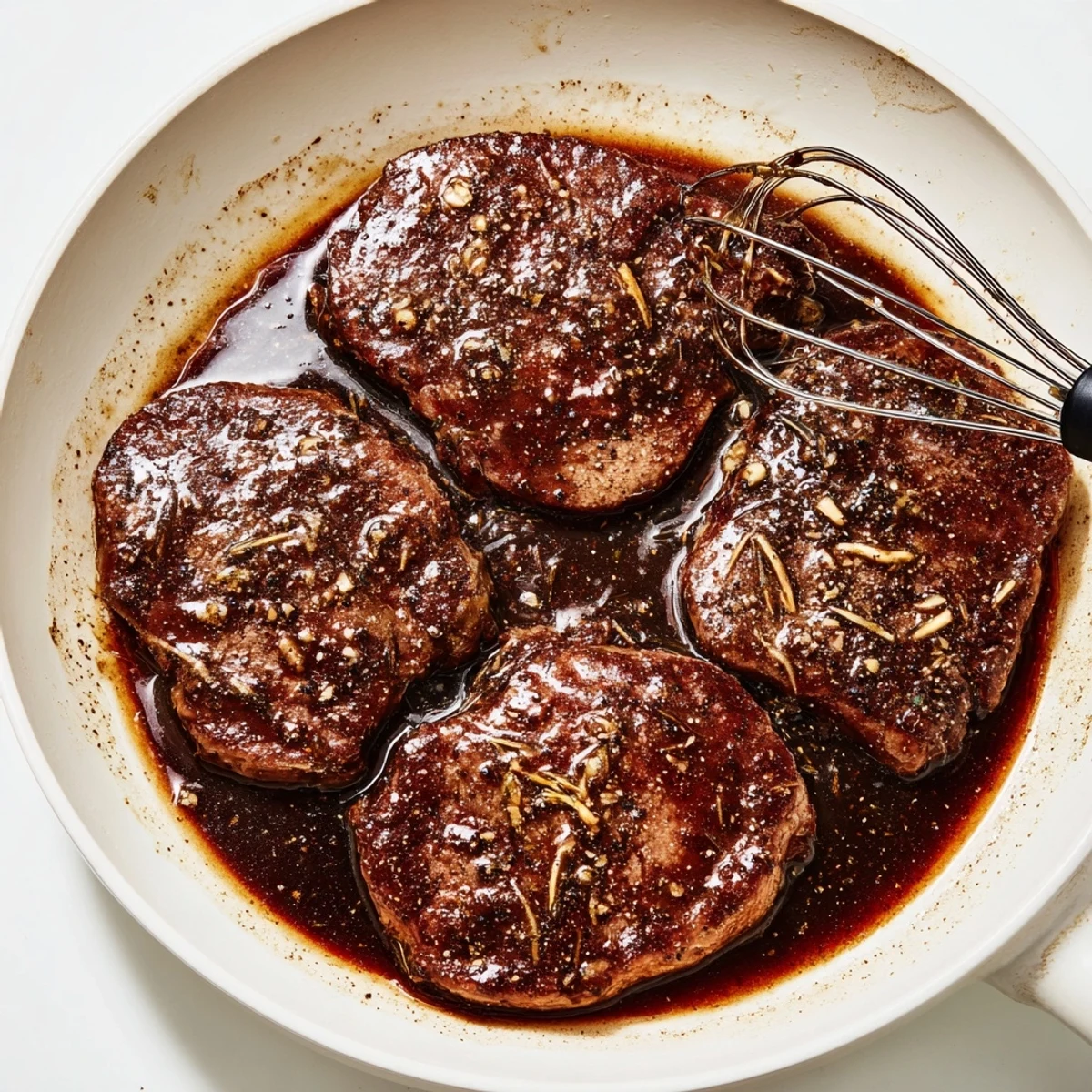 Homemade Steak Marinade in a bowl, soy, lemon, brown sugar granules visible