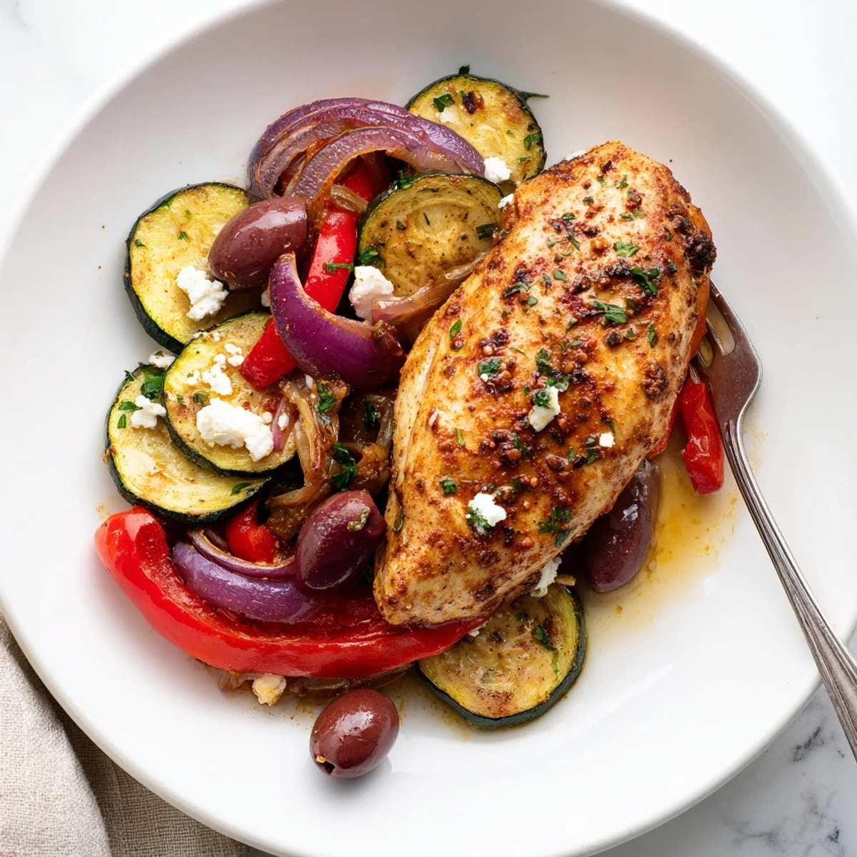 Sheet Pan Mediterranean Chicken Zucchini roasted golden, zucchini tender, olives and feta  