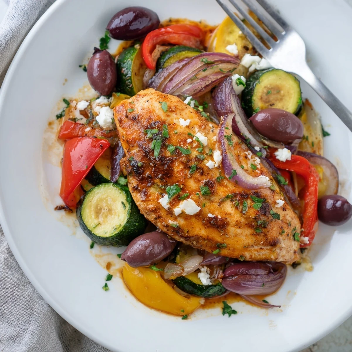 Citrusy Sheet Pan Mediterranean Chicken Zucchini with caramelized onions, lemony pan juices  