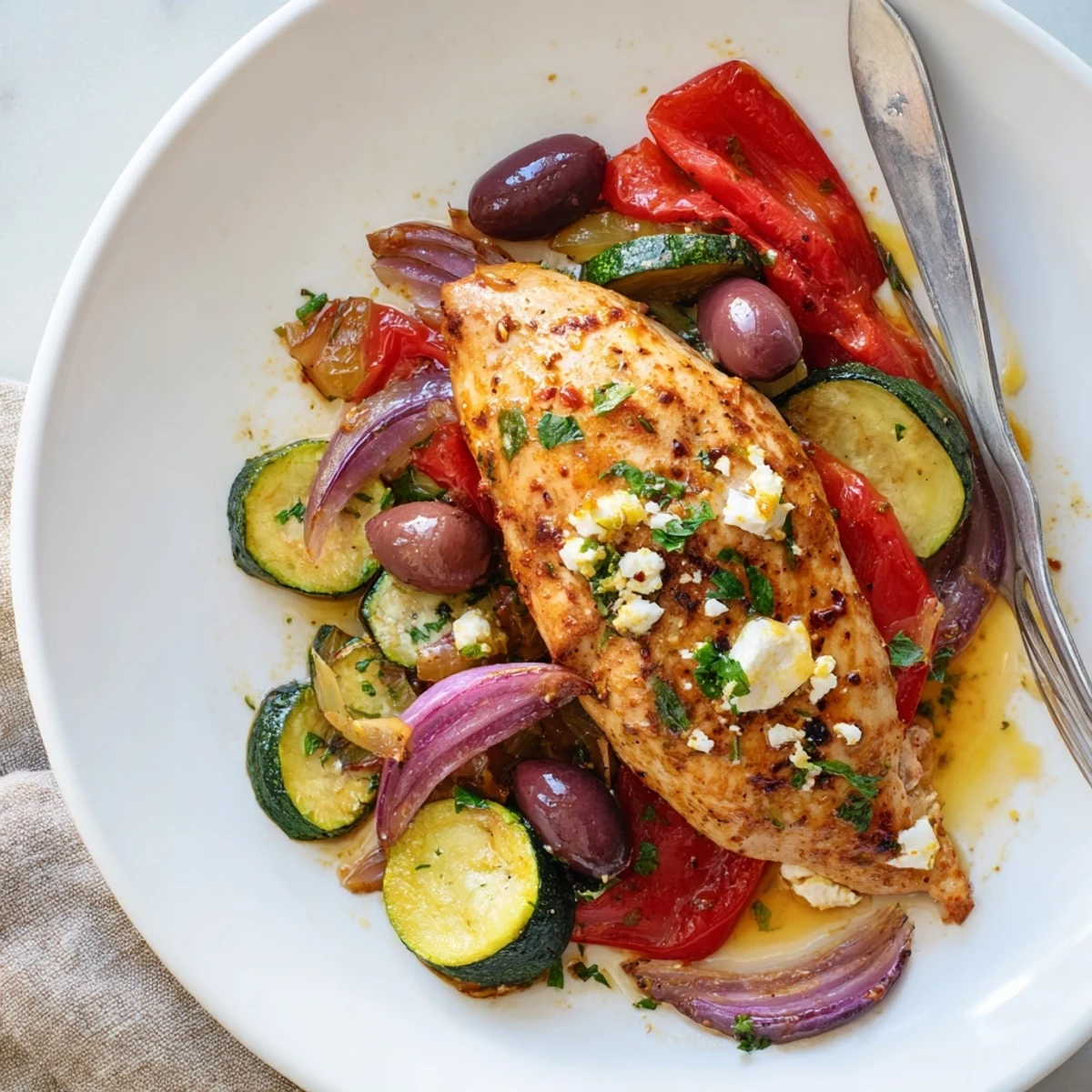 Family-style Sheet Pan Mediterranean Chicken Zucchini ready to spoon over warm pita
