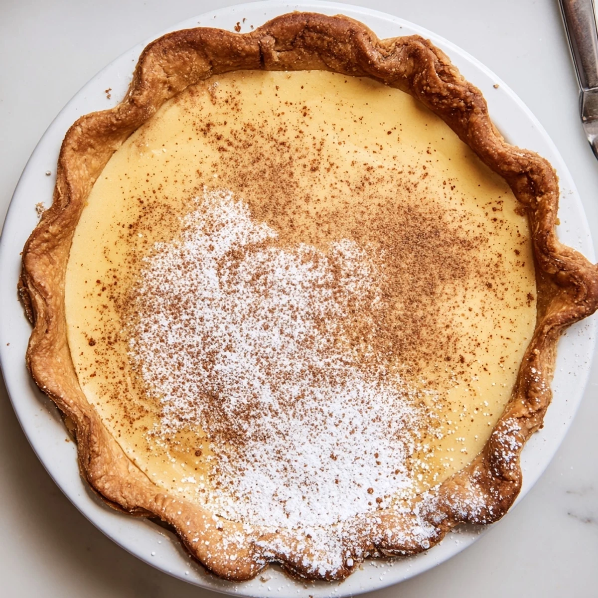 Christmas Eve Custard Pie With Cinnamon Vanilla, velvety filling dusted with powdered sugar