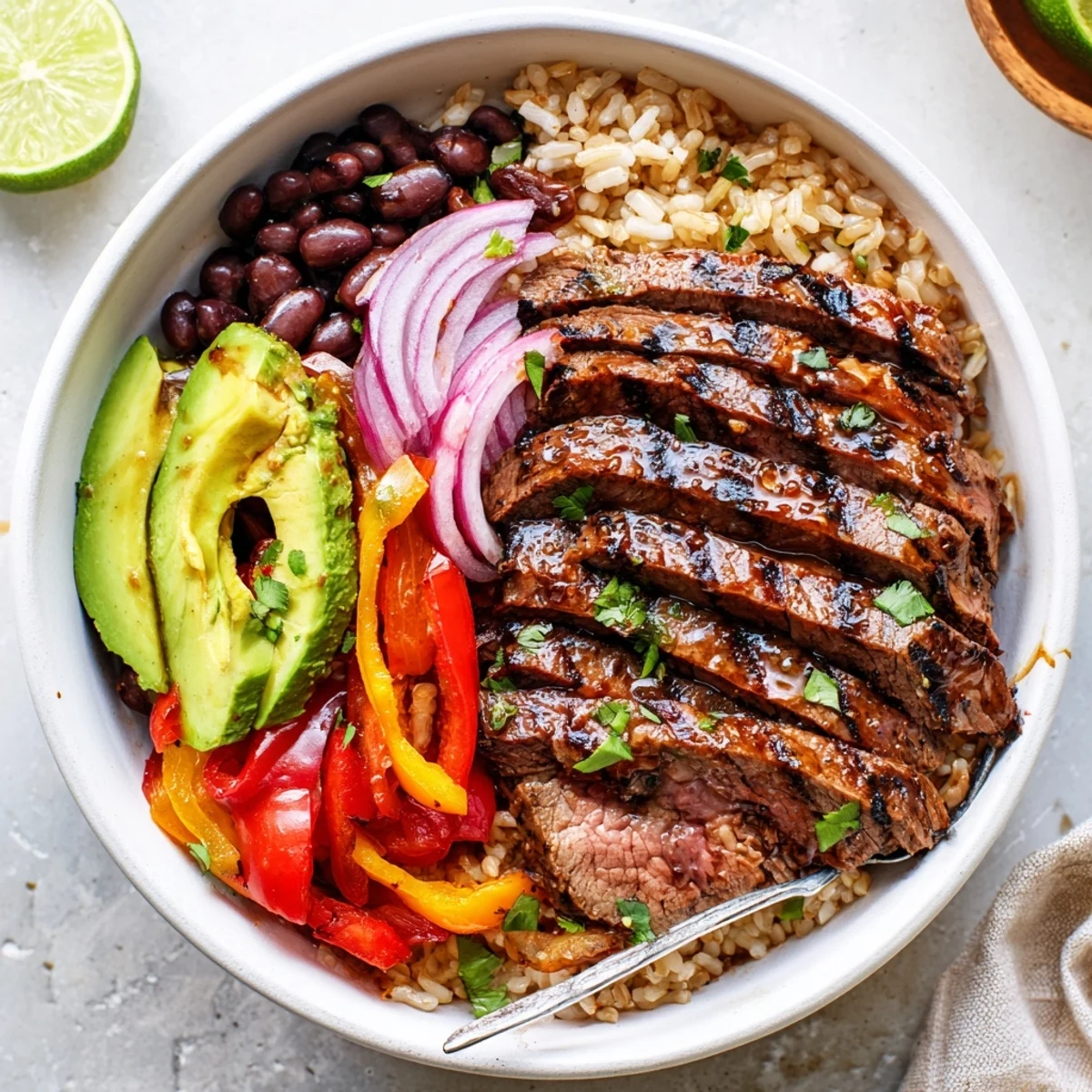 Charred bell pepper aroma, zesty lime and cilantro brighten Steak Fajita Power Bowls.