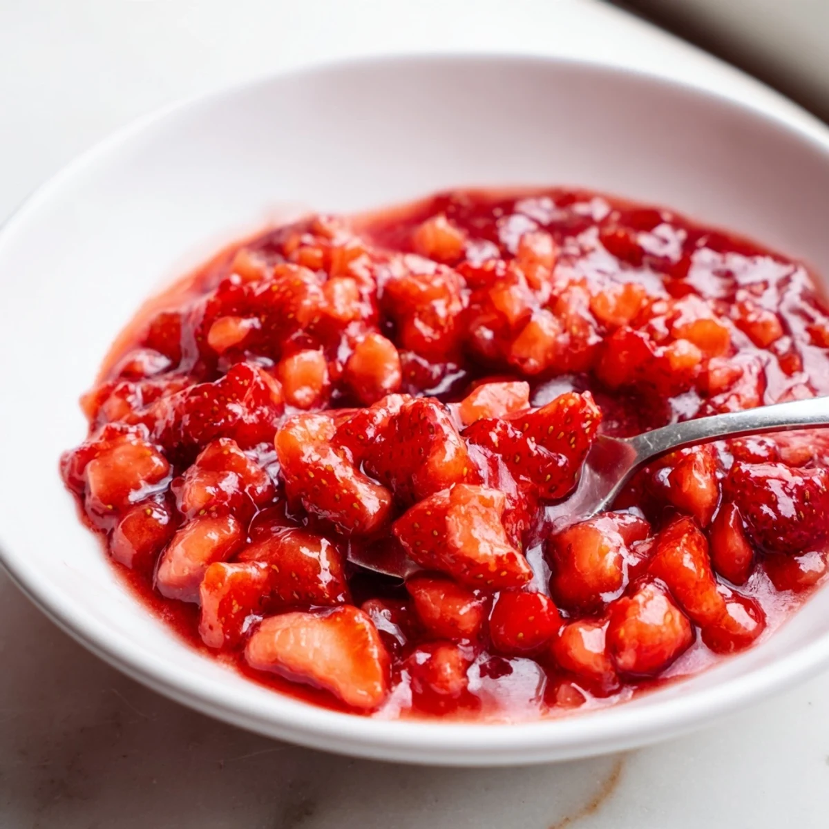 Spoonful of glossy, bright red Strawberry Cake Filling Recipe topping cupcakes.