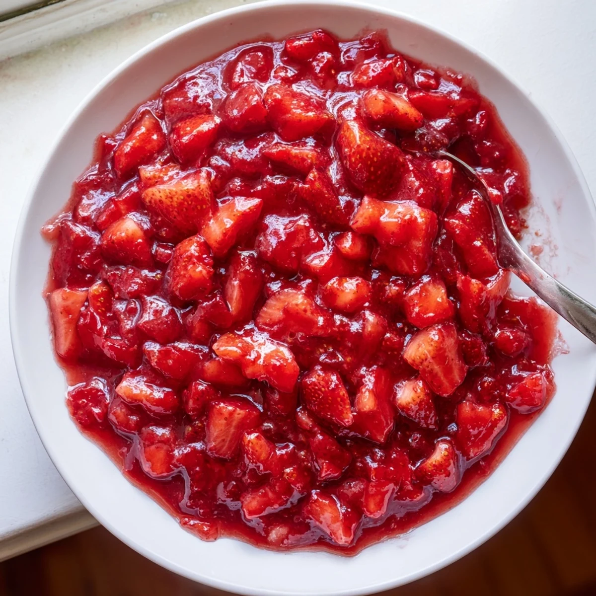 Cooling saucepan of glossy, jam-like Strawberry Cake Filling Recipe, ready to spread.
