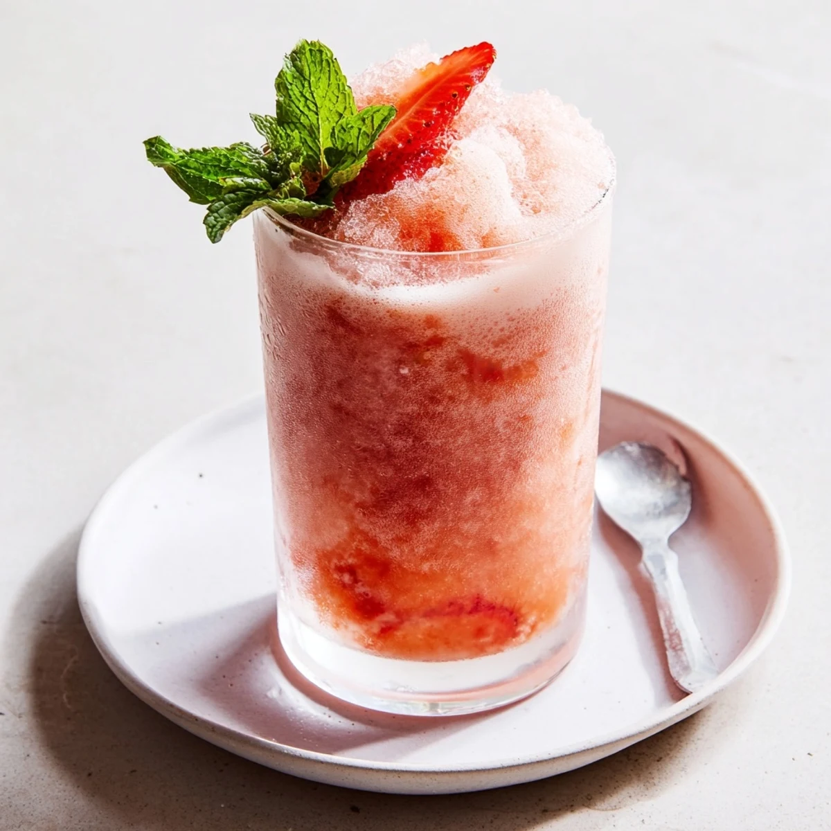 Creamy Strawberry Coconut Cooler blended with lime, coconut milk, and mint