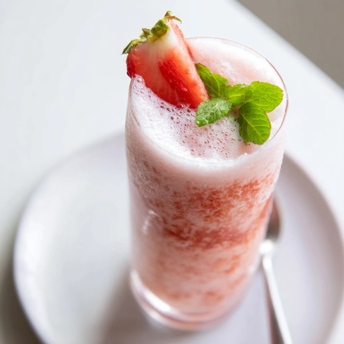 Vibrant Strawberry Coconut Cooler served with strawberry slices and crushed ice