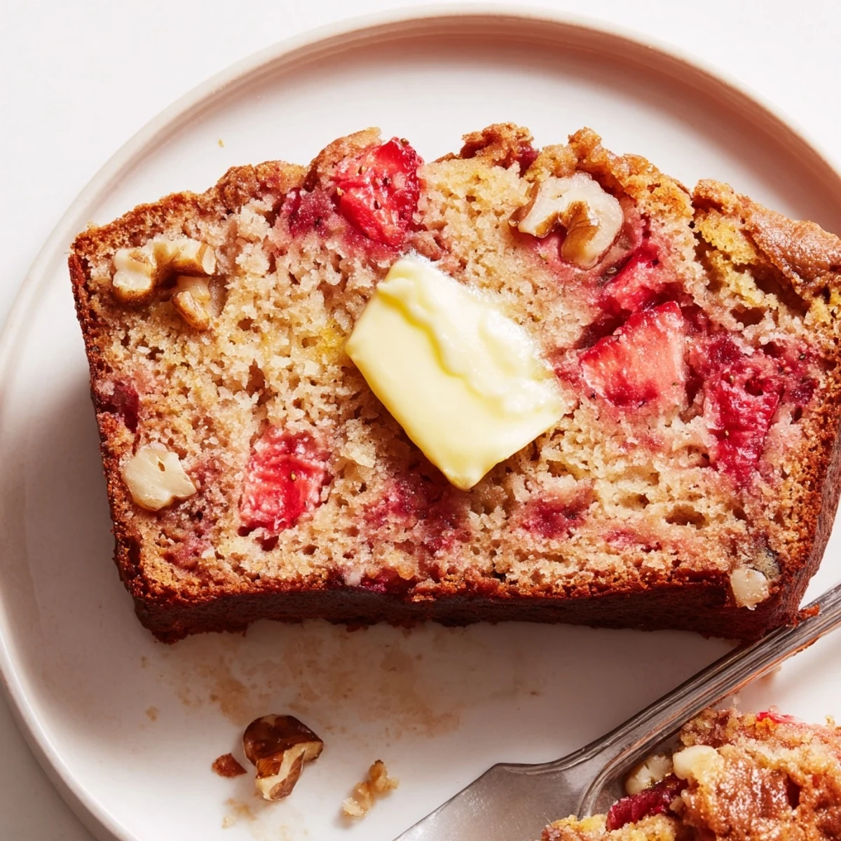 Warm slice of Strawberry Banana Bread Recipe with golden crust and sweet aroma