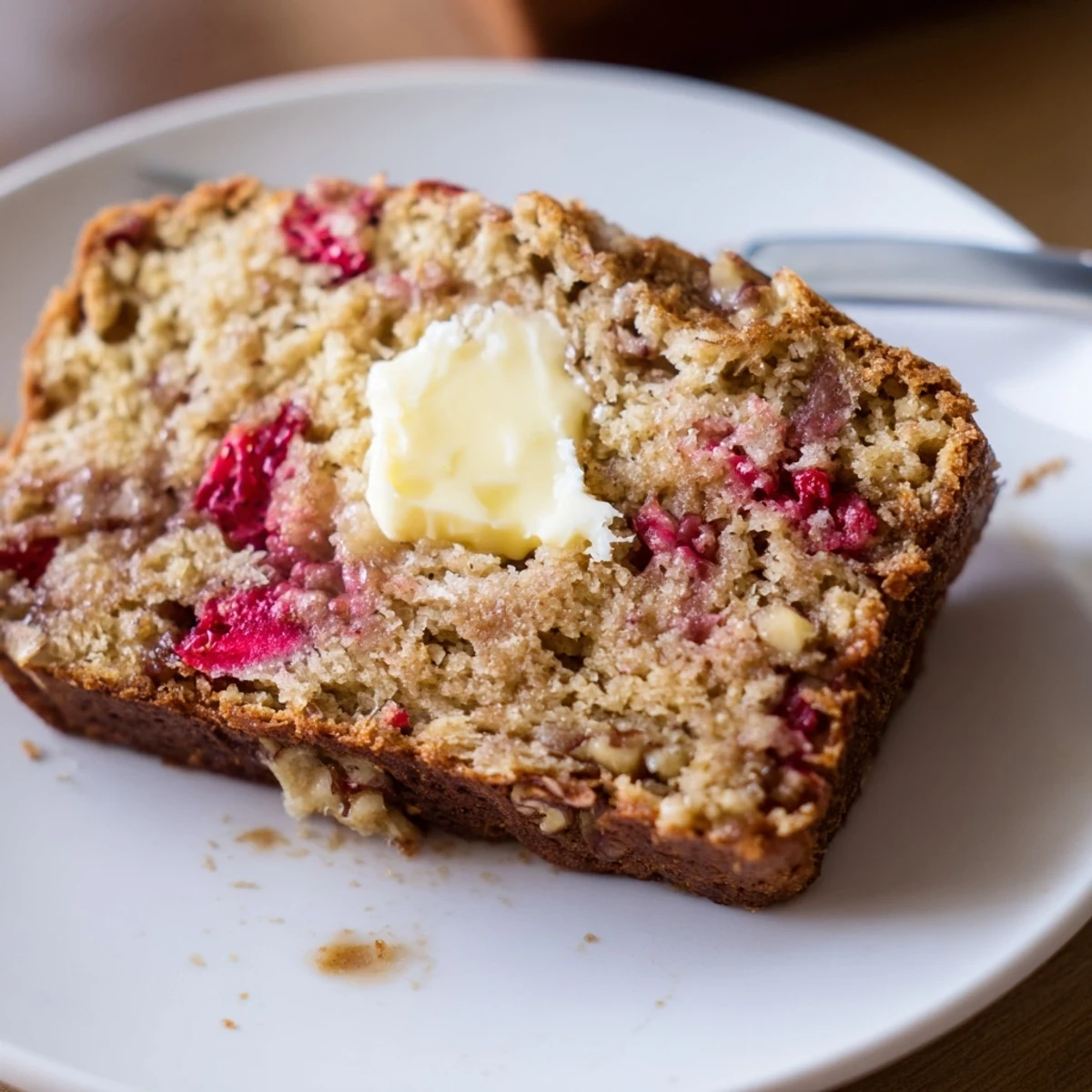 Loaf of Strawberry Banana Bread Recipe cooling on rack, ready to slice