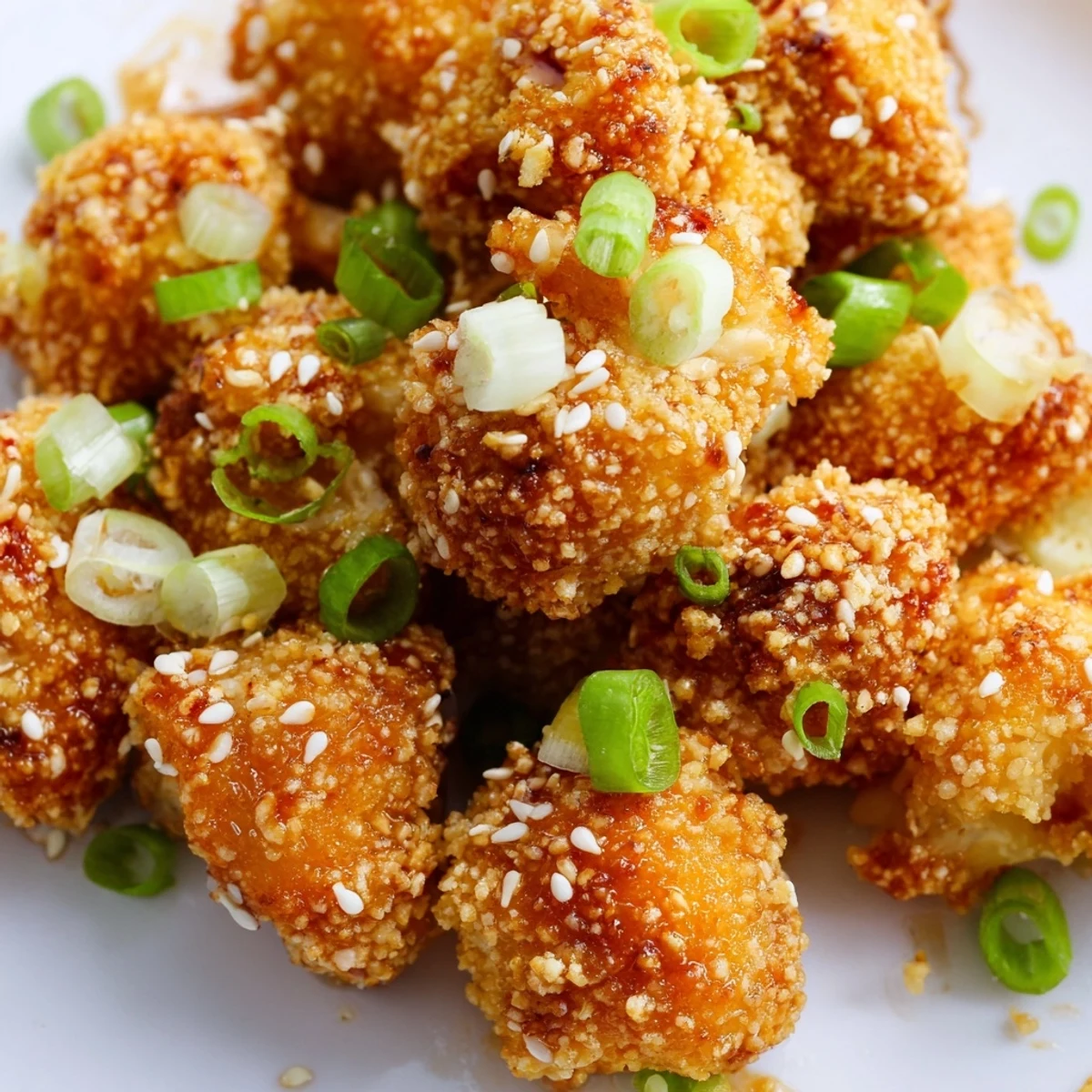 Golden crispy sticky honey garlic cauliflower coated in glossy sweet sauce garnished with sesame seeds and green onions