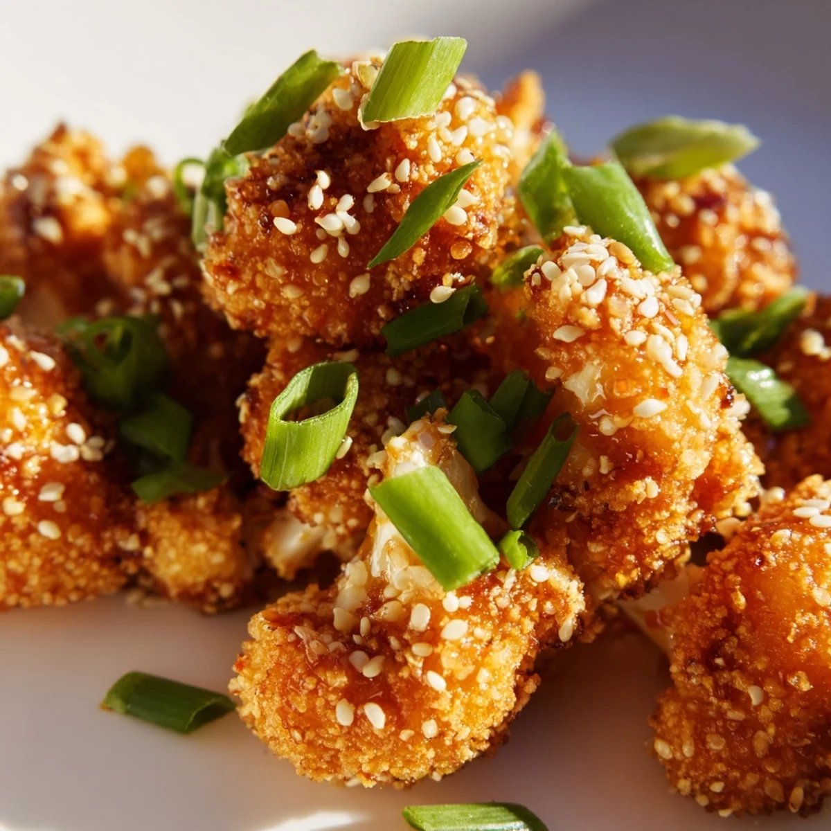Baked sticky honey garlic cauliflower florets glistening with honey garlic glaze on white serving plate