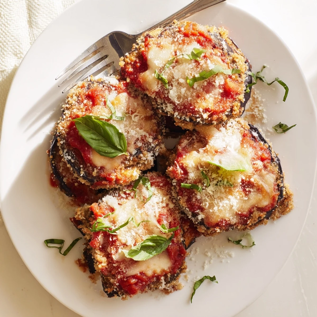 Golden baked eggplant parmesan layered with marinara sauce and melted mozzarella cheese