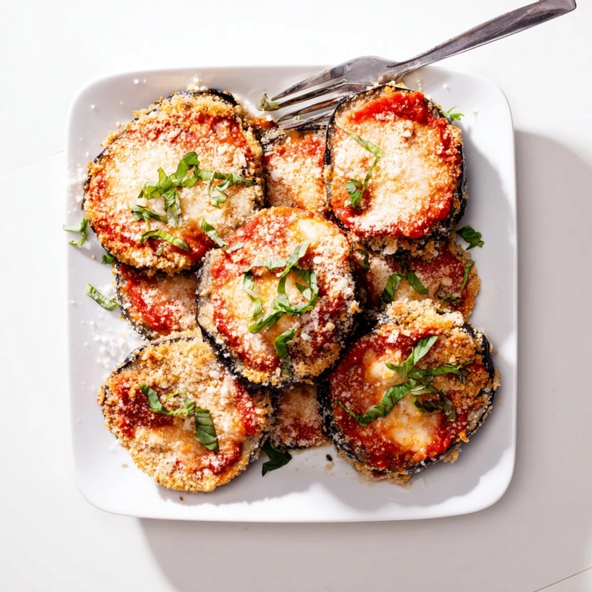 Crispy breaded eggplant parmesan casserole bubbling with tomato sauce and browned cheese