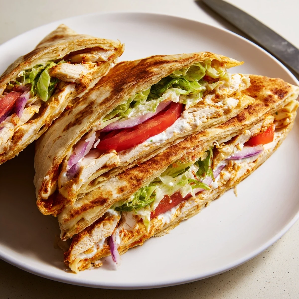 Golden cottage cheese flatbread wrapped around seasoned chicken with fresh lettuce and tomato