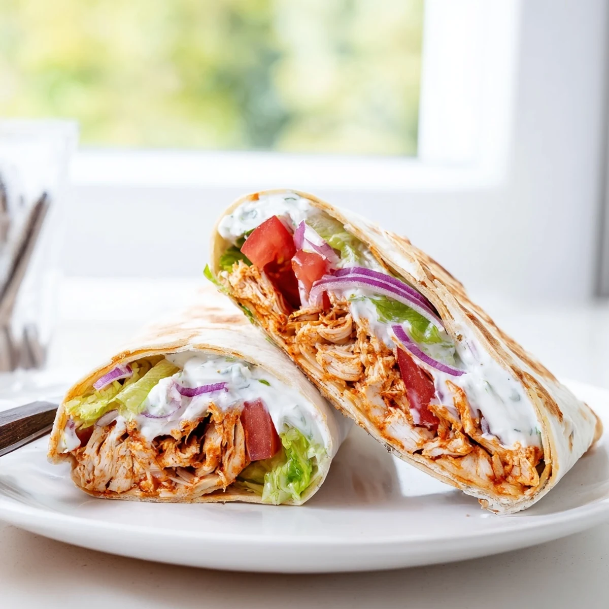 Protein-packed crispy cottage cheese flatbread chicken wraps stacked on a wooden cutting board