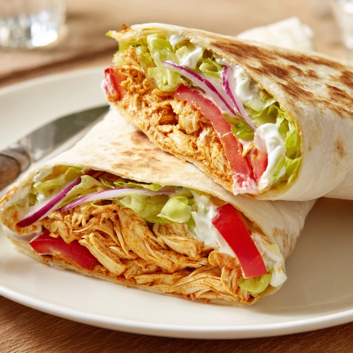Hand-held cottage cheese flatbread wrap sliced open revealing spiced chicken and colorful vegetables