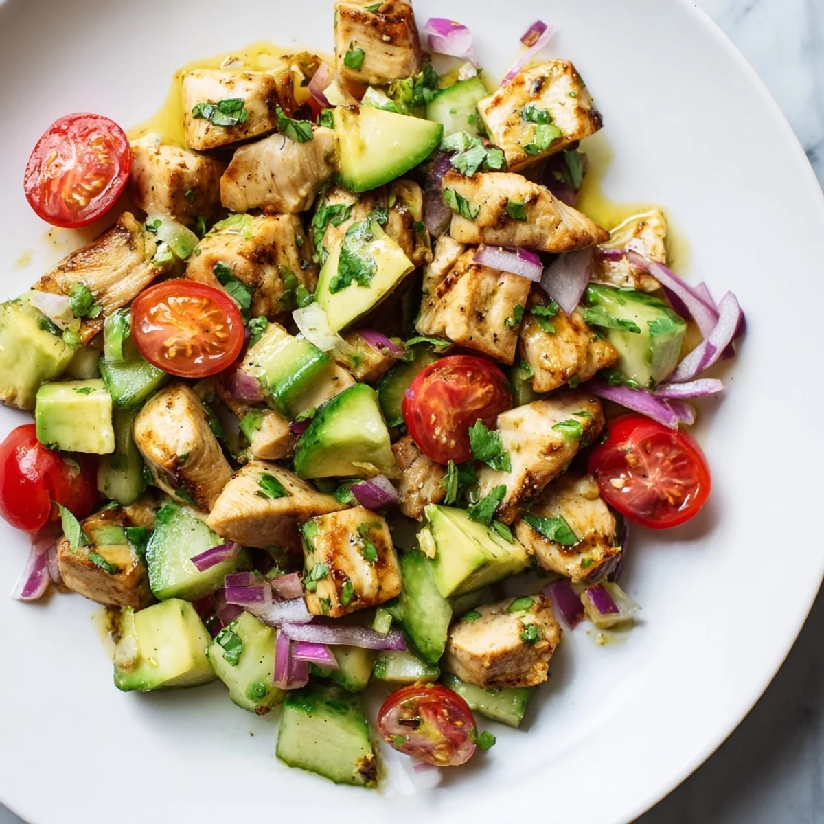 Golden grilled chicken and creamy avocado chunks tossed with crisp vegetables in a tangy lime dressing