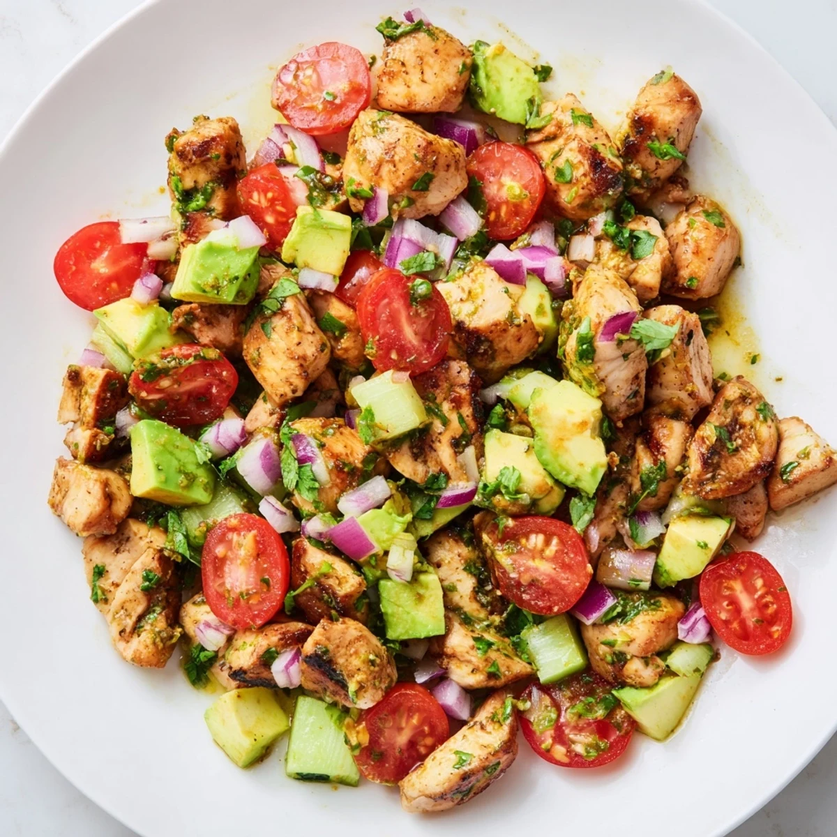 Fresh healthy avocado chicken salad served in a white bowl with vibrant red tomatoes and green cilantro garnish