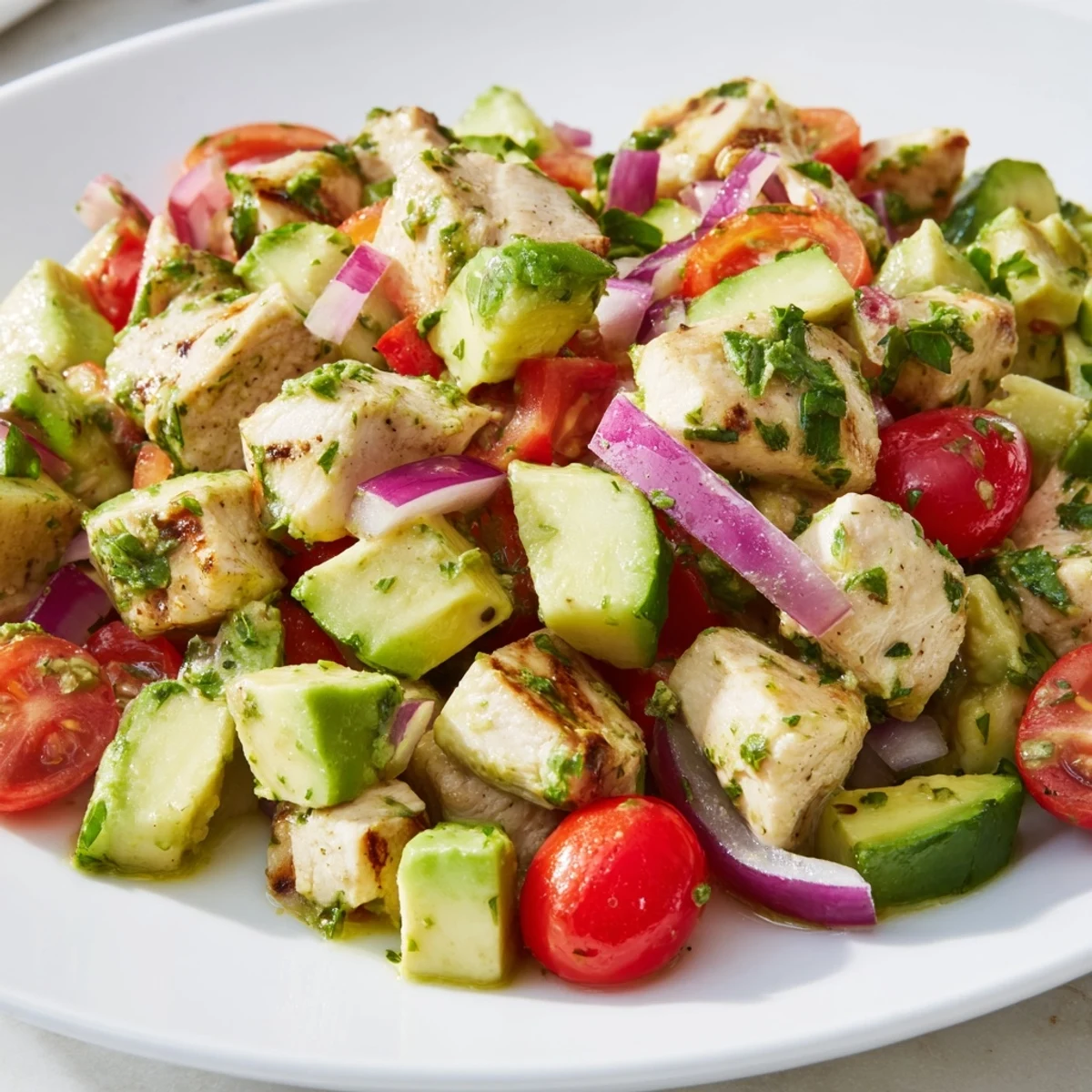 Colorful bowl of diced avocado and tender chicken pieces mixed with cucumber, red onion, and zesty lime dressing