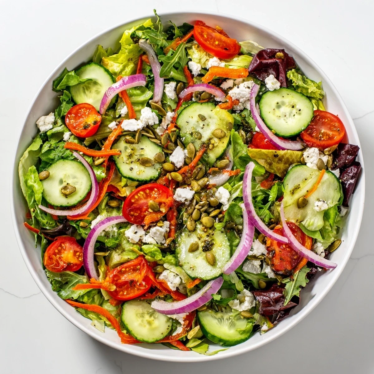 Colorful garden salad bowl featuring crisp mixed greens, cherry tomatoes, cucumber, and tangy feta cheese drizzled with light vinaigrette dressing