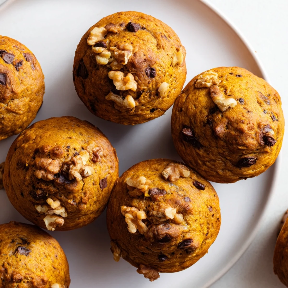 Golden brown Pumpkin Banana Muffins topped with pumpkin seeds on a wooden board