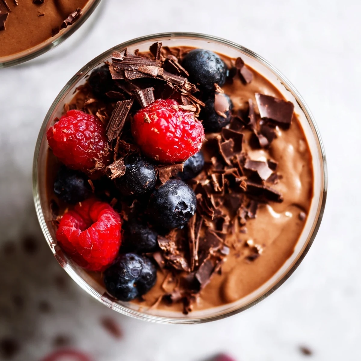 Creamy chocolate flaxseed pudding topped with fresh berries and shaved dark chocolate