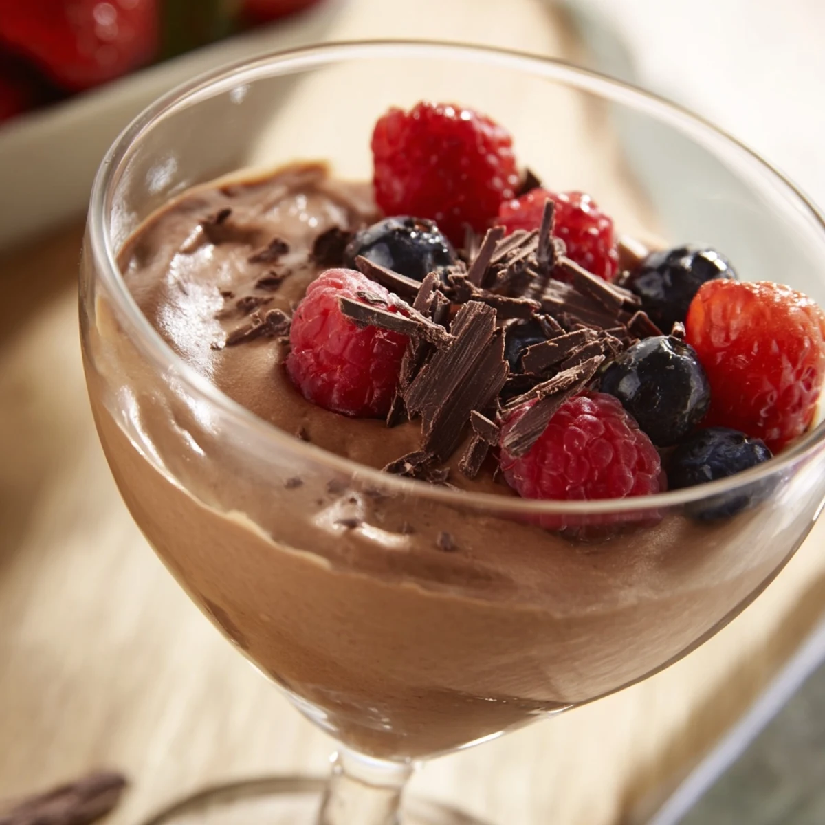 Healthy chocolate flaxseed pudding dessert garnished with coconut whipped cream and raspberries