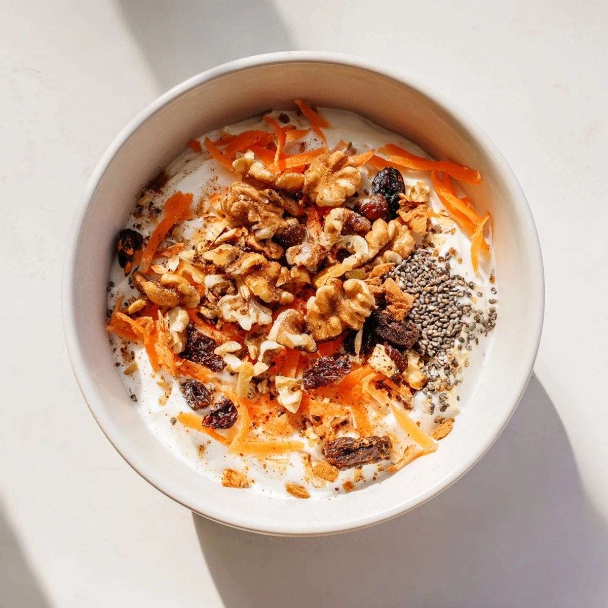 Creamy carrot cake yogurt bowl topped with grated carrots, walnuts, raisins, coconut, and warm spices