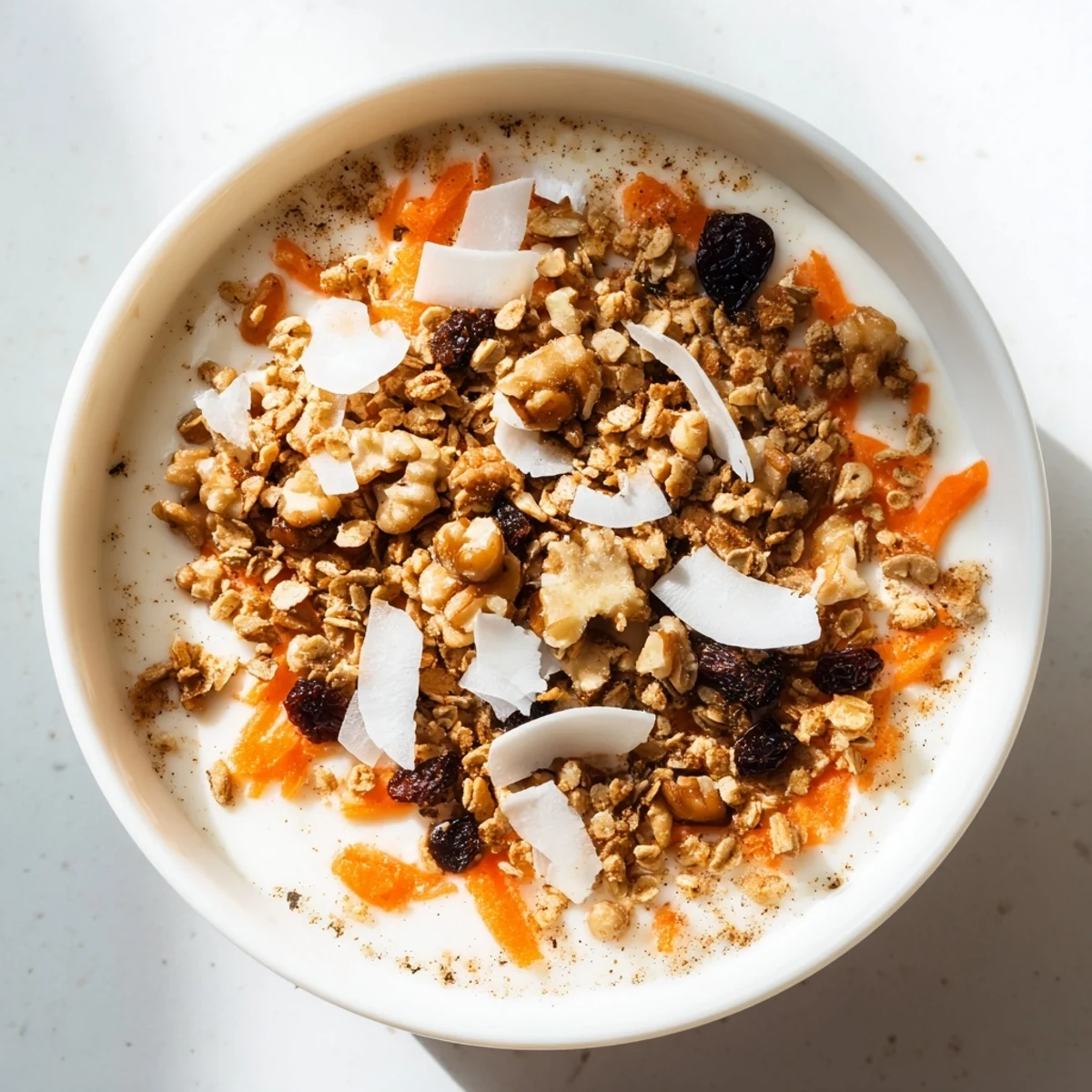 Wholesome carrot cake yogurt bowl featuring spiced yogurt layers, shredded carrots, nuts, and sweet raisins