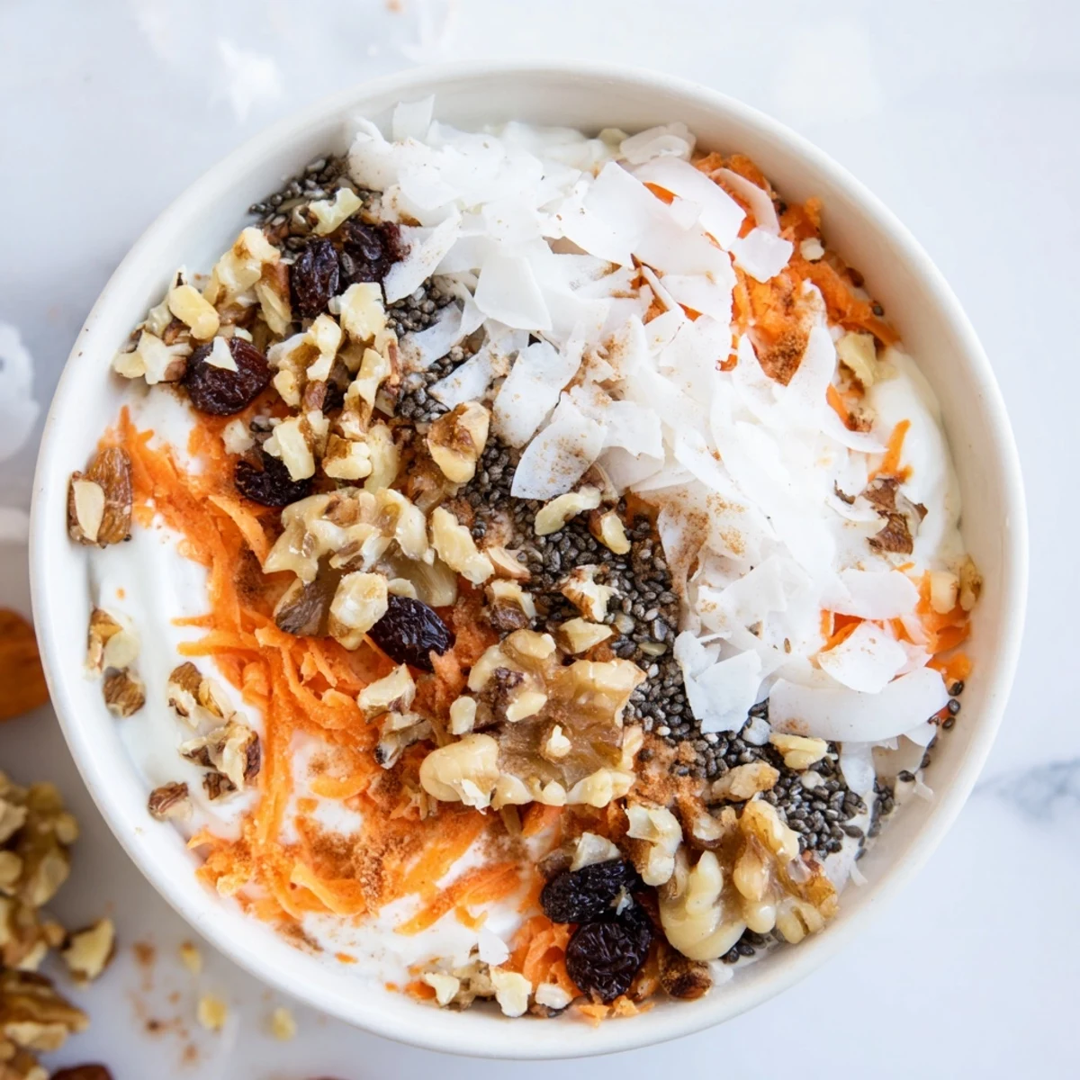Healthy carrot cake yogurt bowl with Greek yogurt, spiced grated carrots, granola, and crunchy pecans