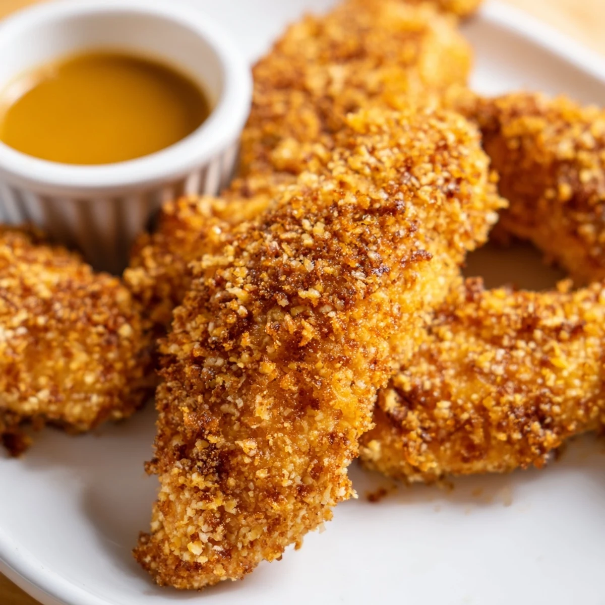 Tender baked chicken strips drizzled with sweet honey mustard sauce on white plate