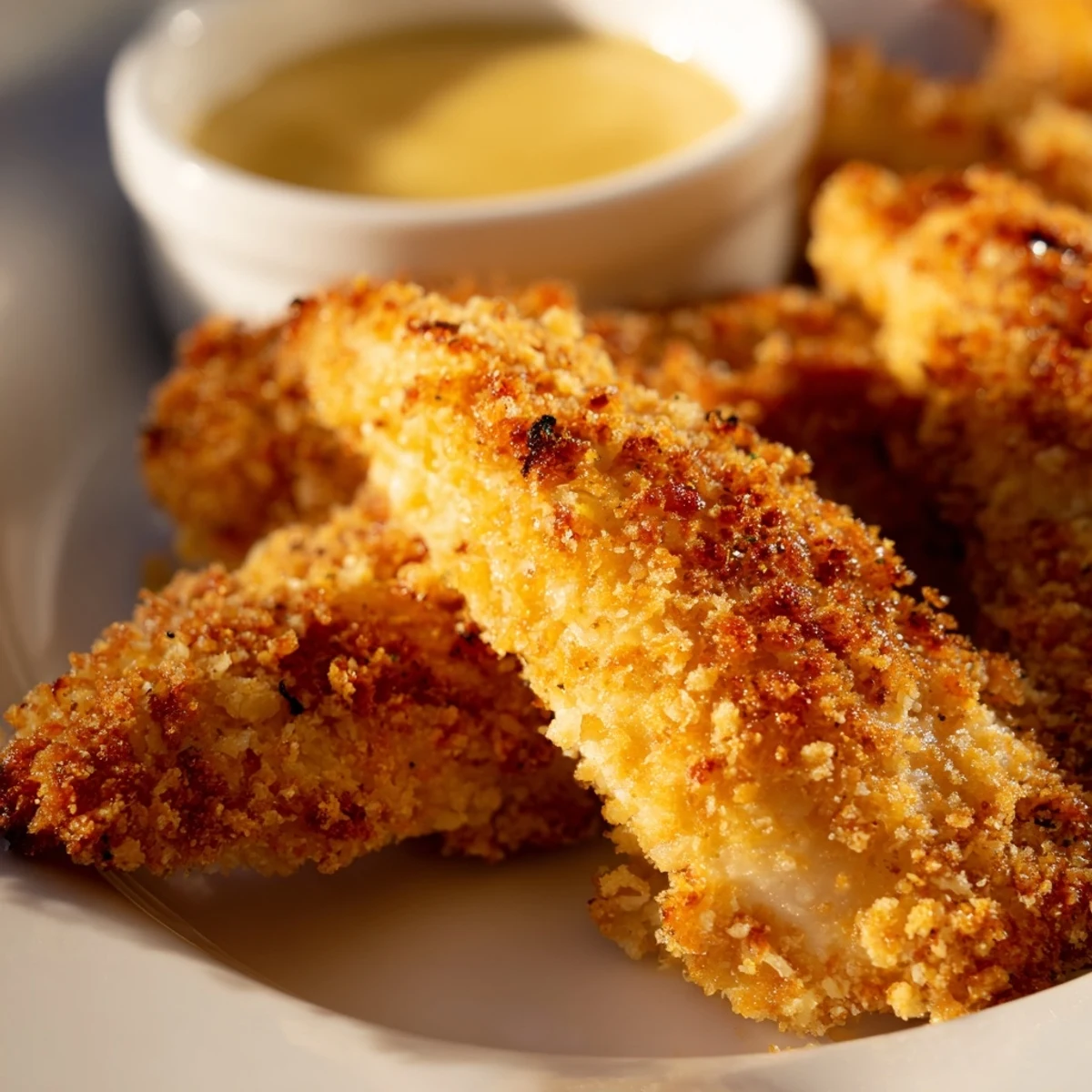 Crispy honey mustard chicken tenders arranged on platter with bowl of creamy sauce