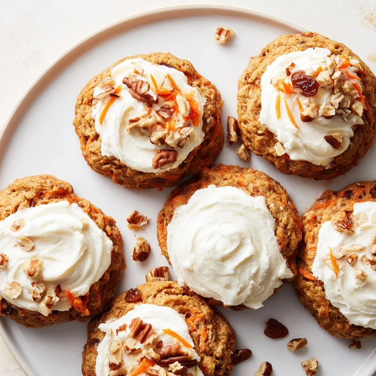 Soft carrot cake cookies topped with creamy white frosting and grated orange zest