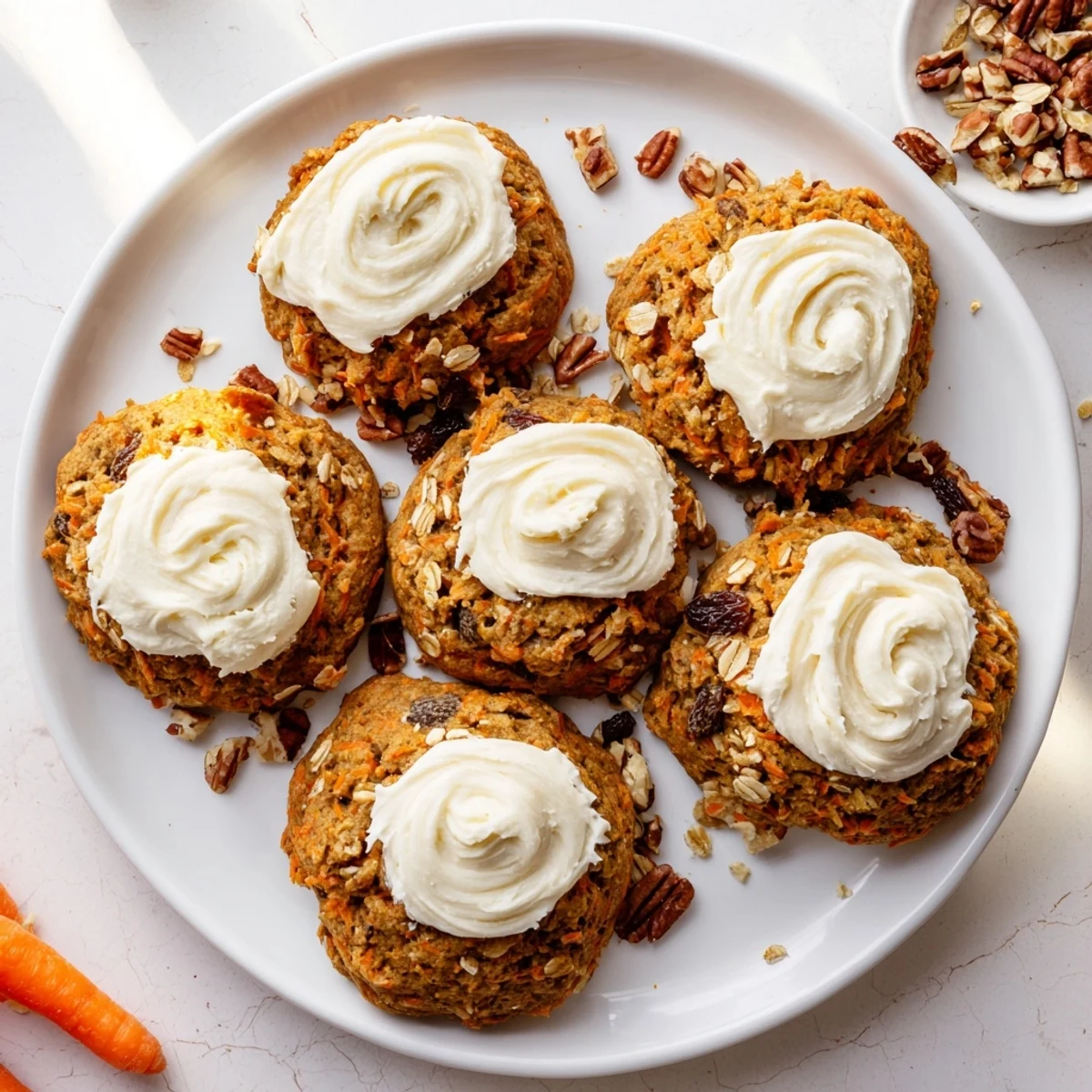 Golden spiced carrot cake cookies with chopped walnuts and visible shredded carrot pieces