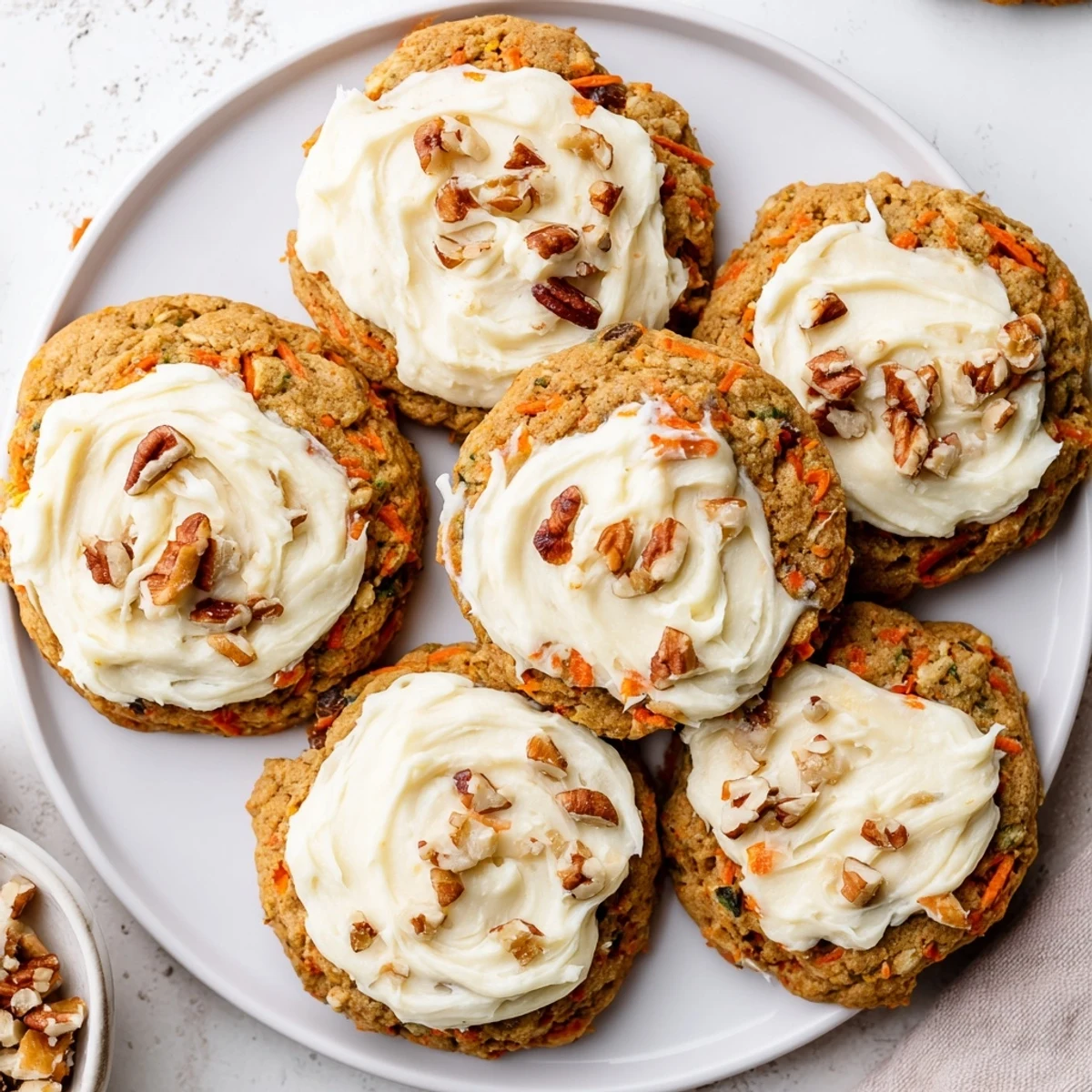 Plate of frosted carrot cake cookies with raisins and oats on wooden cutting board