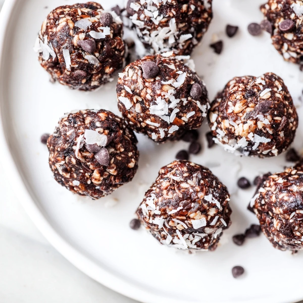 Fudgy no bake brownie bites rolled in coconut and chocolate chips on a white plate