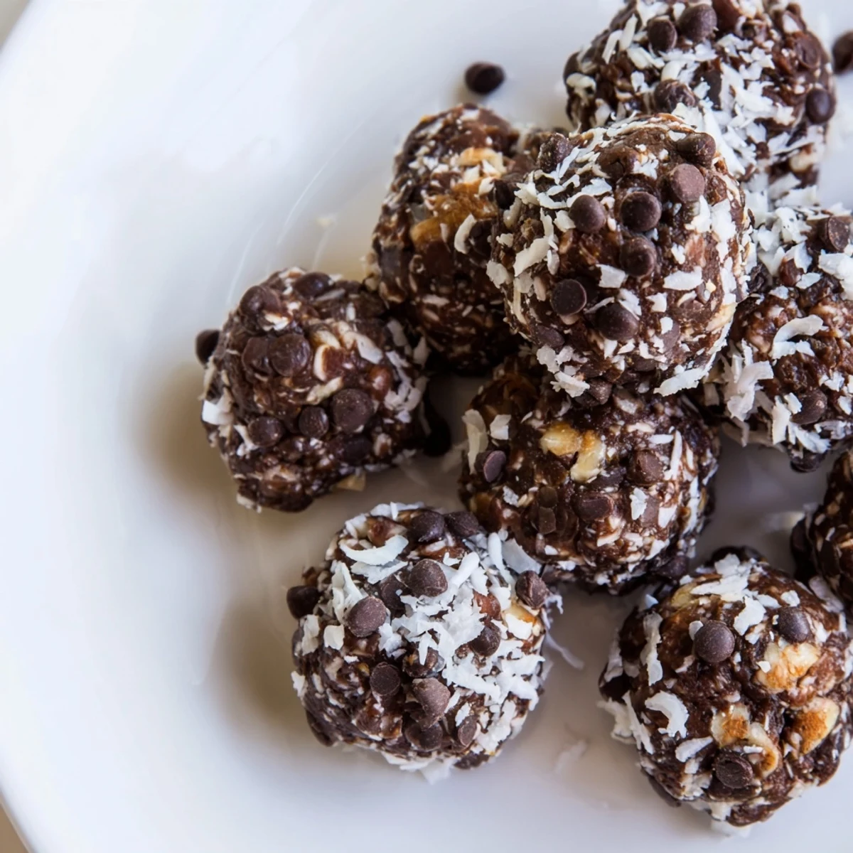 Homemade no bake brownie bites topped with chopped nuts and mini chocolate chips for dessert