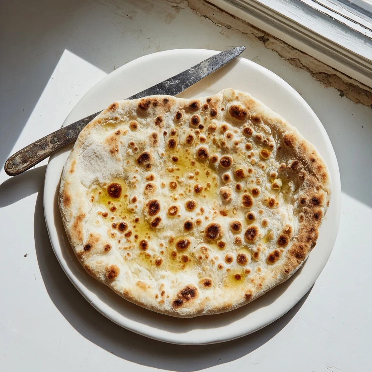Golden Turkish Bazlama flatbread with puffed bubbles and golden char marks resting on a wooden board