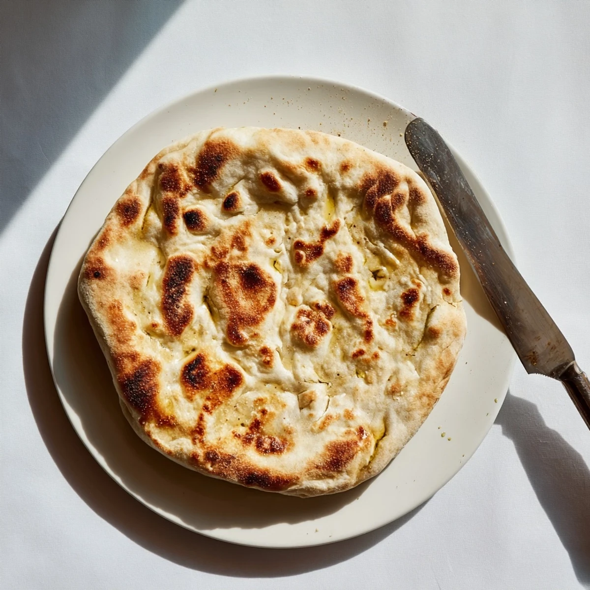 Hand-rolled Turkish Bazlama flatbread cooking in a hot cast iron skillet until golden and bubbly