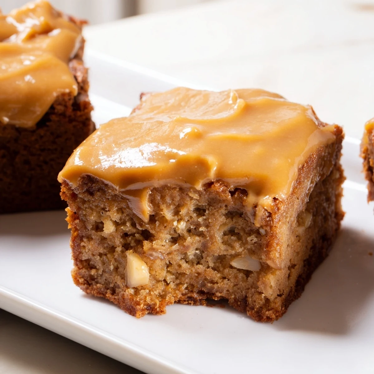 Golden frosted banana bread brownies with glossy brown butter frosting spread generously over moist banana-rich bars