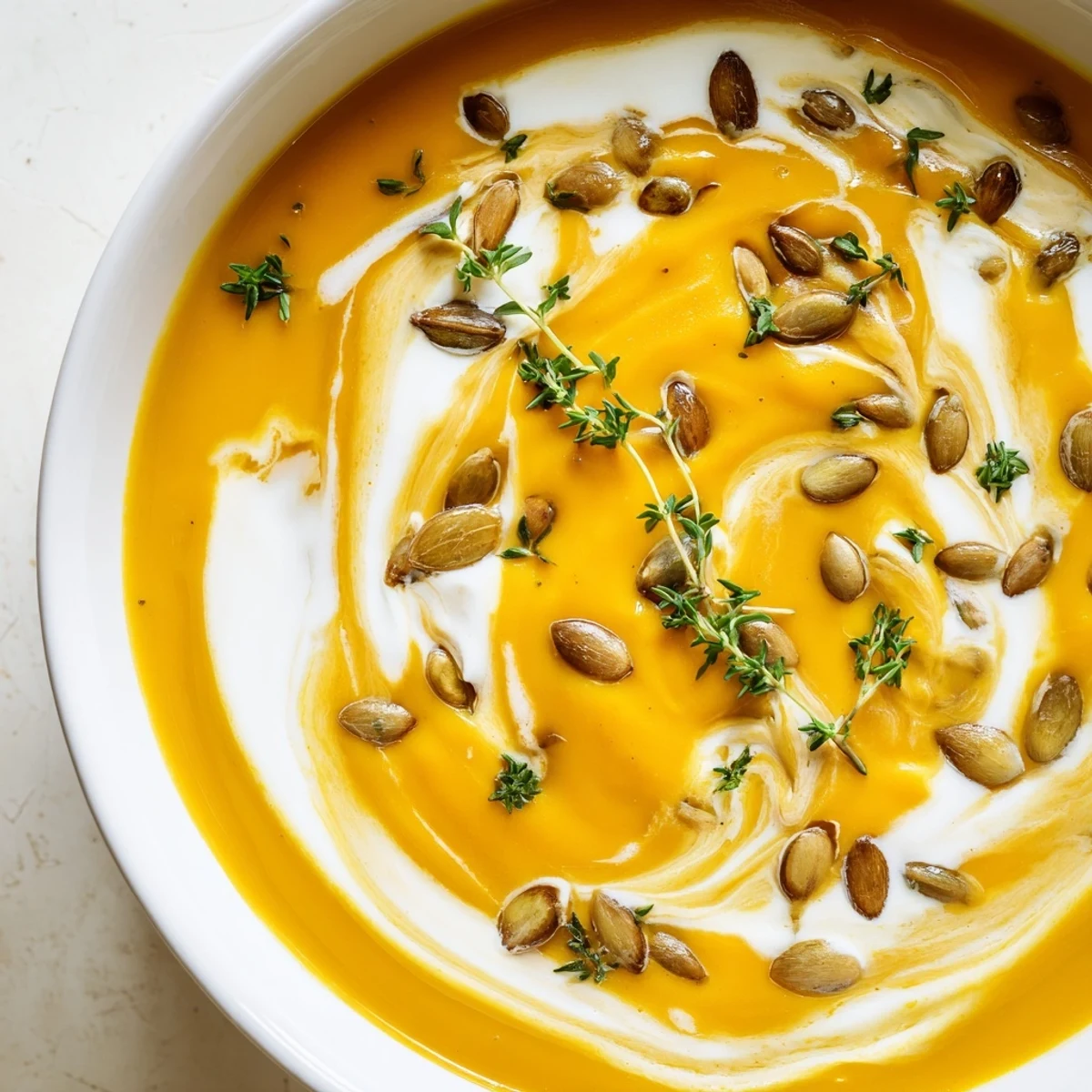 Creamy roasted butternut squash soup garnished with fresh thyme and toasted pumpkin seeds