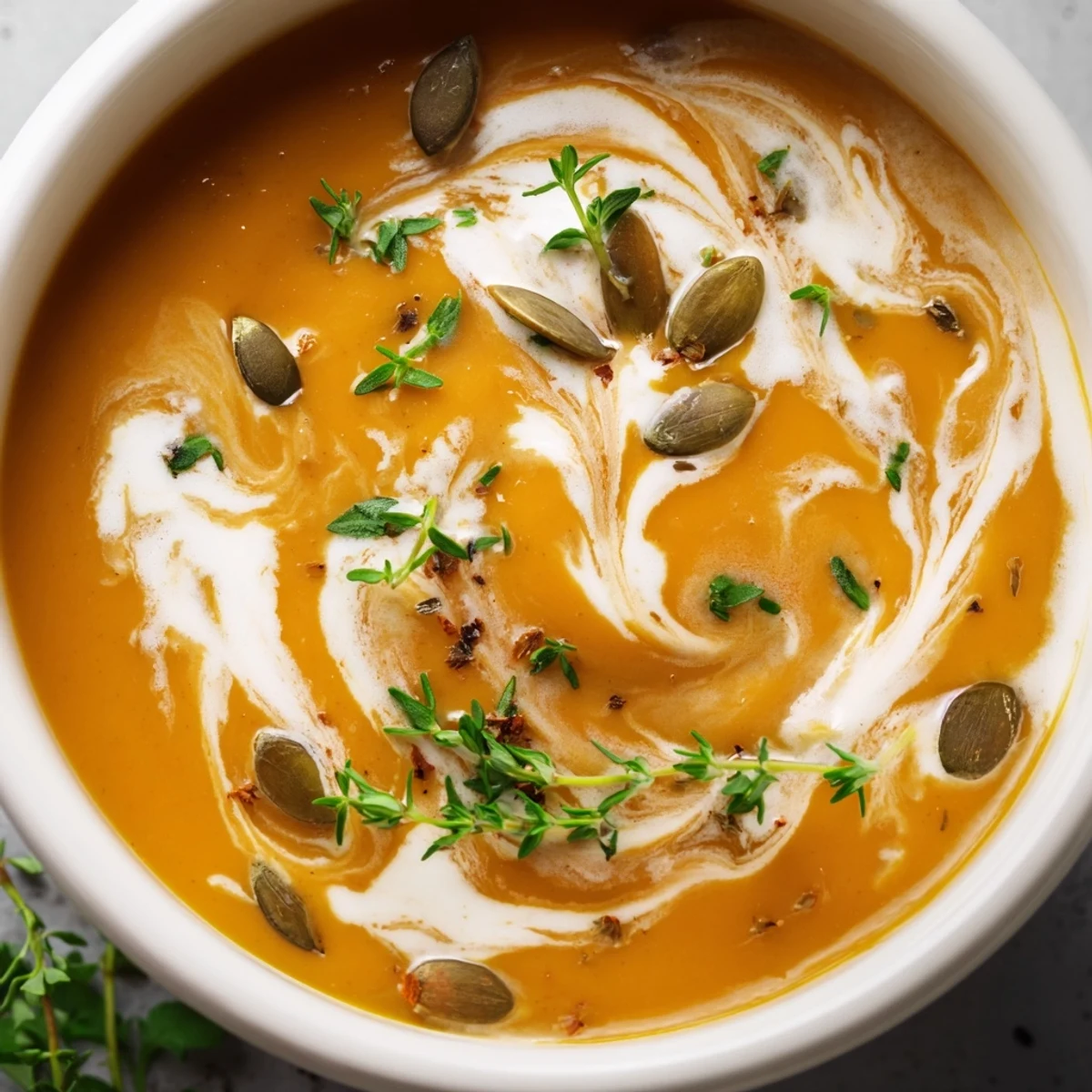 Golden bowl of silky butternut squash soup with swirl of cream and herbs
